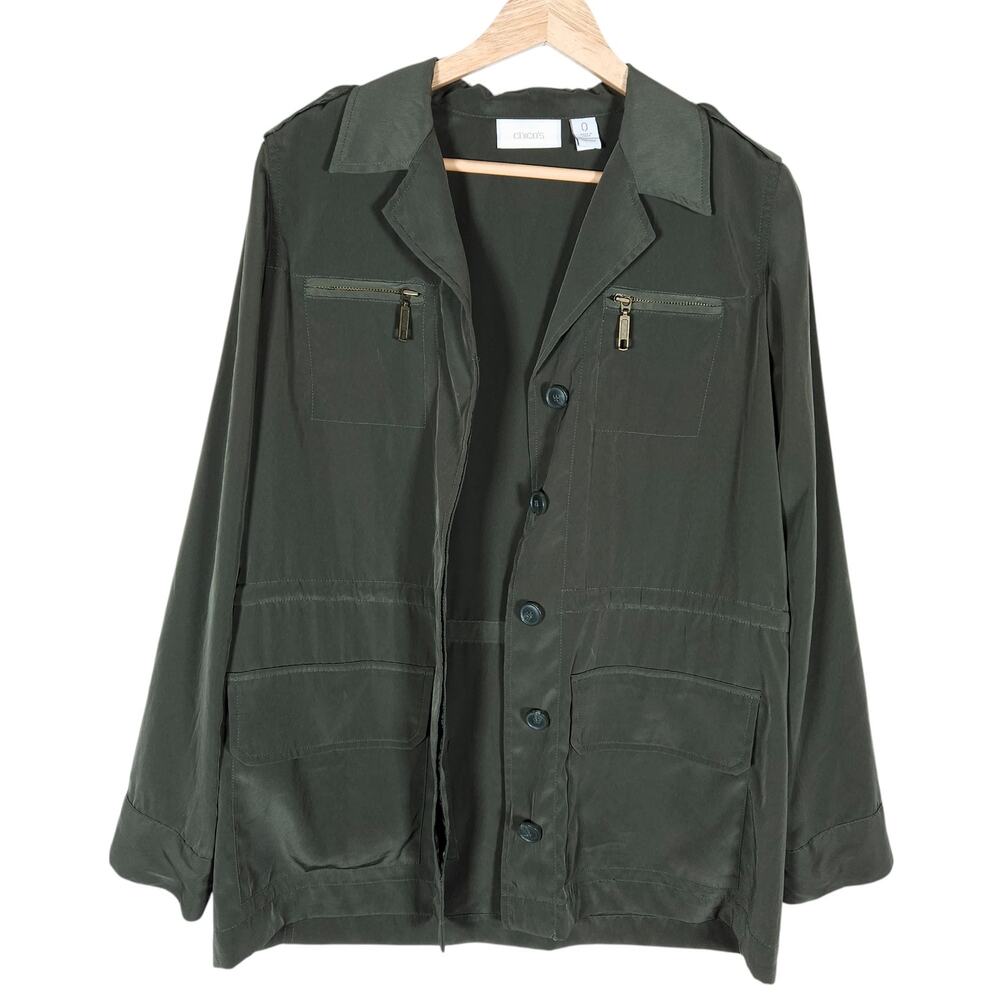 Chicos Utility Jacket 0 Small Green Button Front Coastal Military Chic Casual - Picture 8 of 16